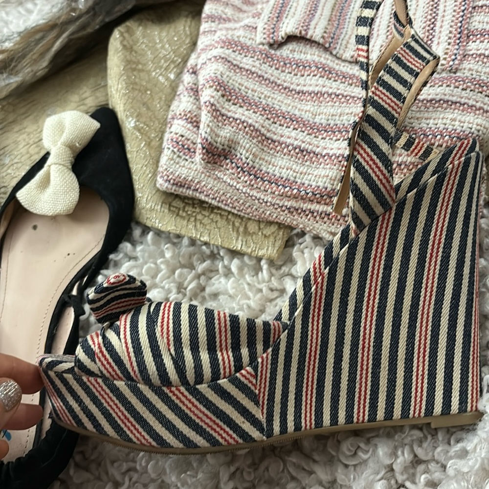 Just fab denim stripe wedge, platform, shoes, blue red and white size 8 1/2